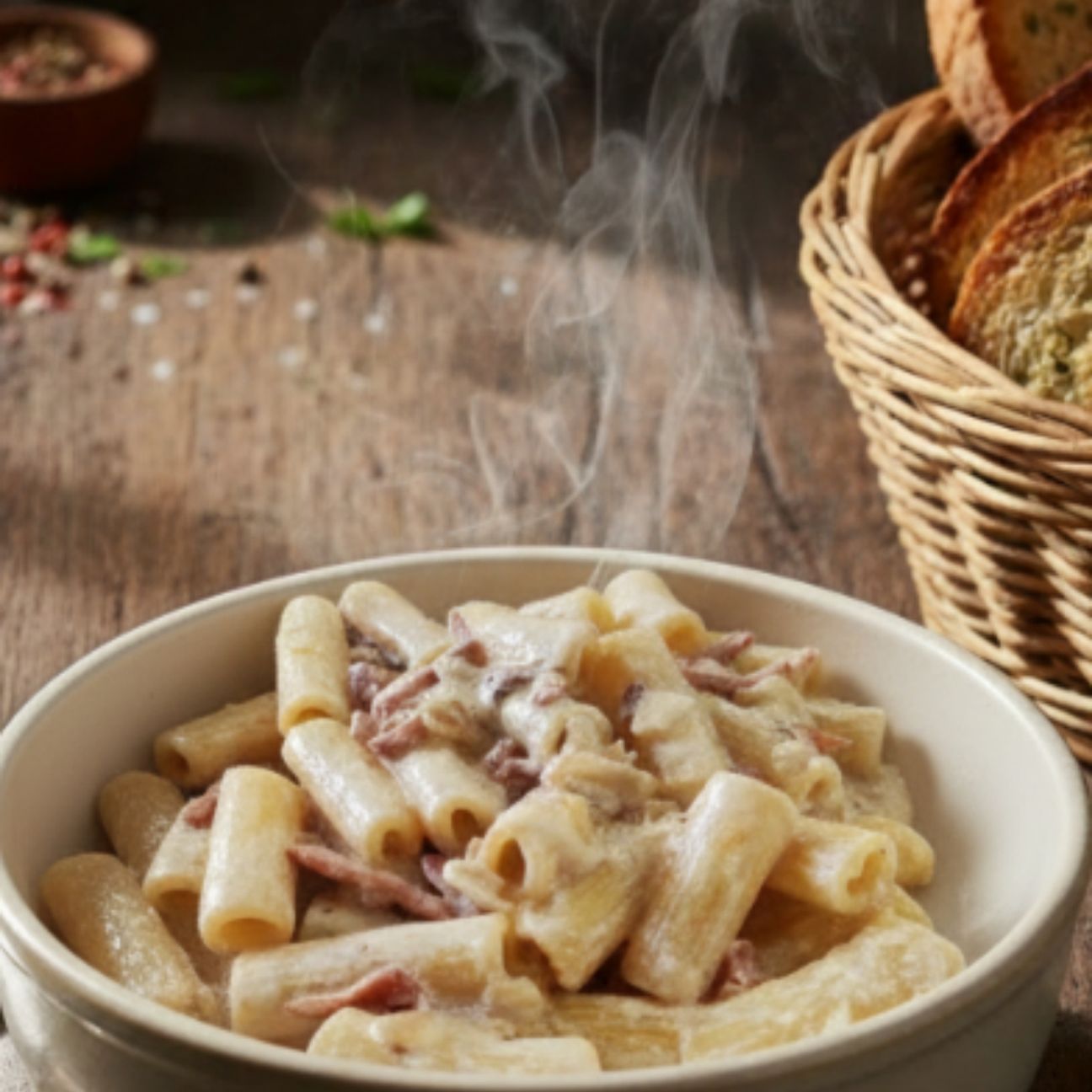 Pasta con speck e provola affumicata.