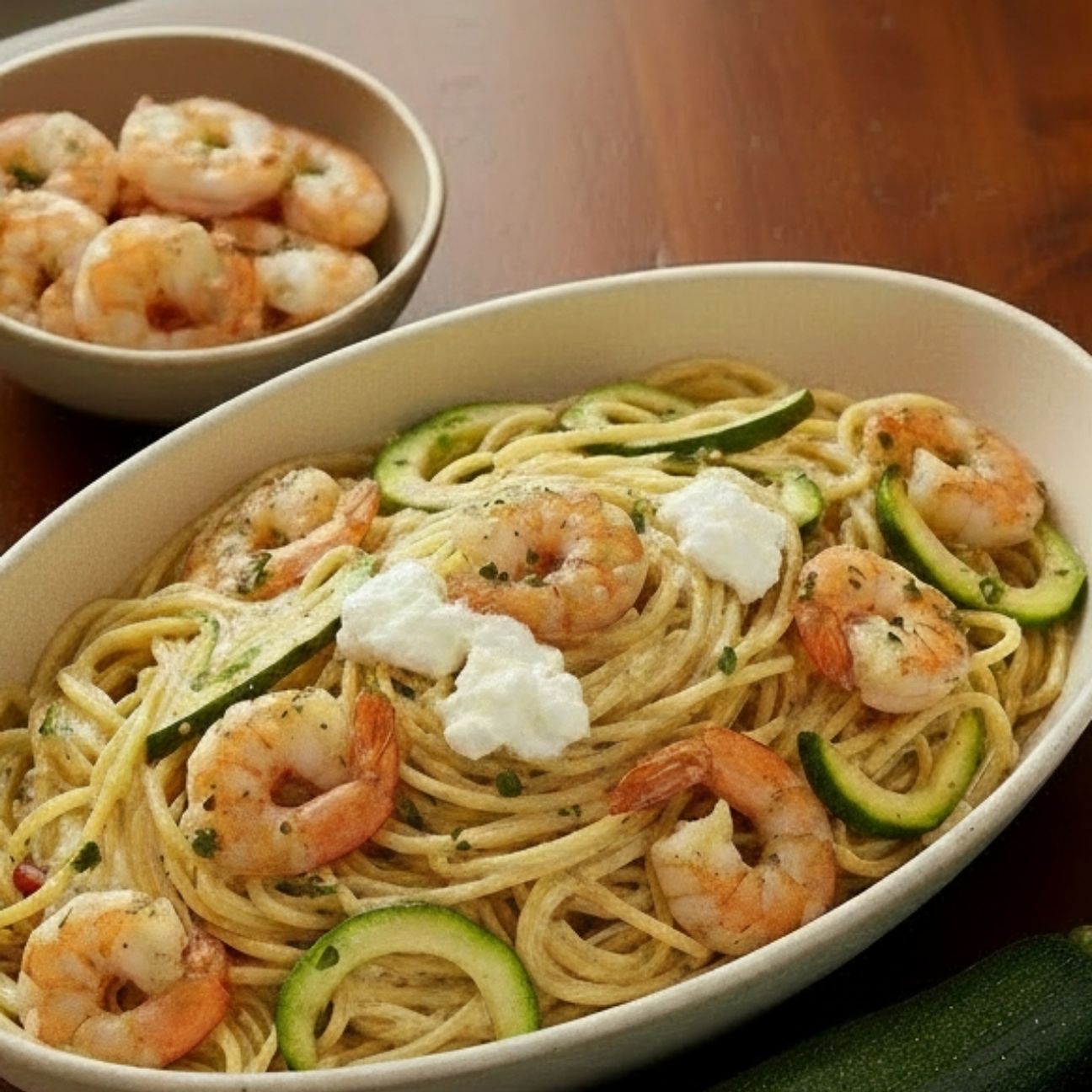 Spaghetti con zucchine, gamberi e robiola.