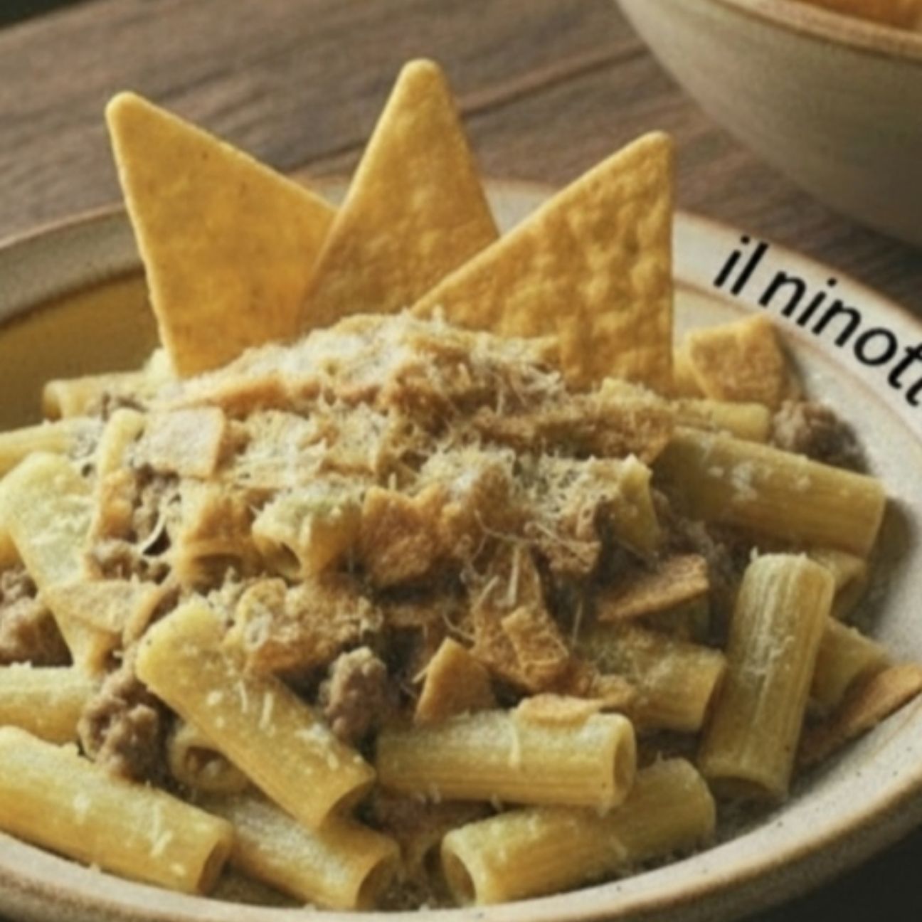 Pasta al gorgonzola con carne tritata e tortillas tritate.