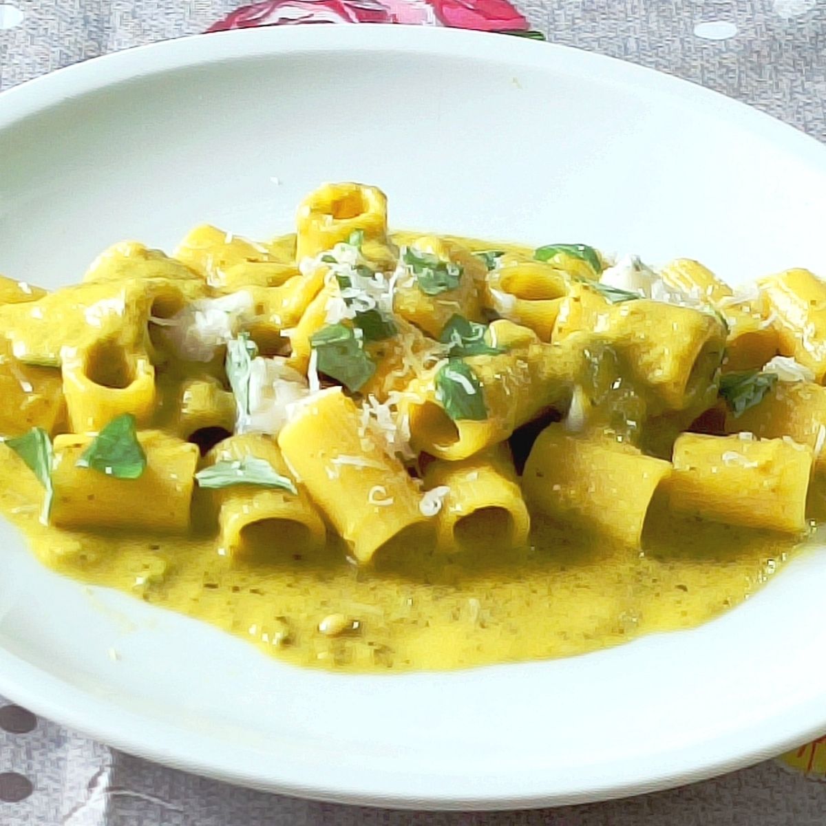 Mezze maniche con pesto, gorgonzola e zafferano.