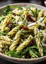 Ricetta Fusilli al pesto di basilico, pomodori secchi e rucola.