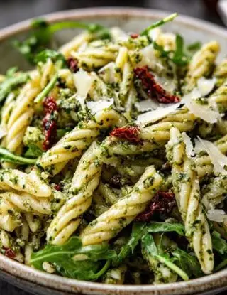 Ricetta Fusilli al pesto di basilico, pomodori secchi e rucola. di lacucinasecondolabiffi