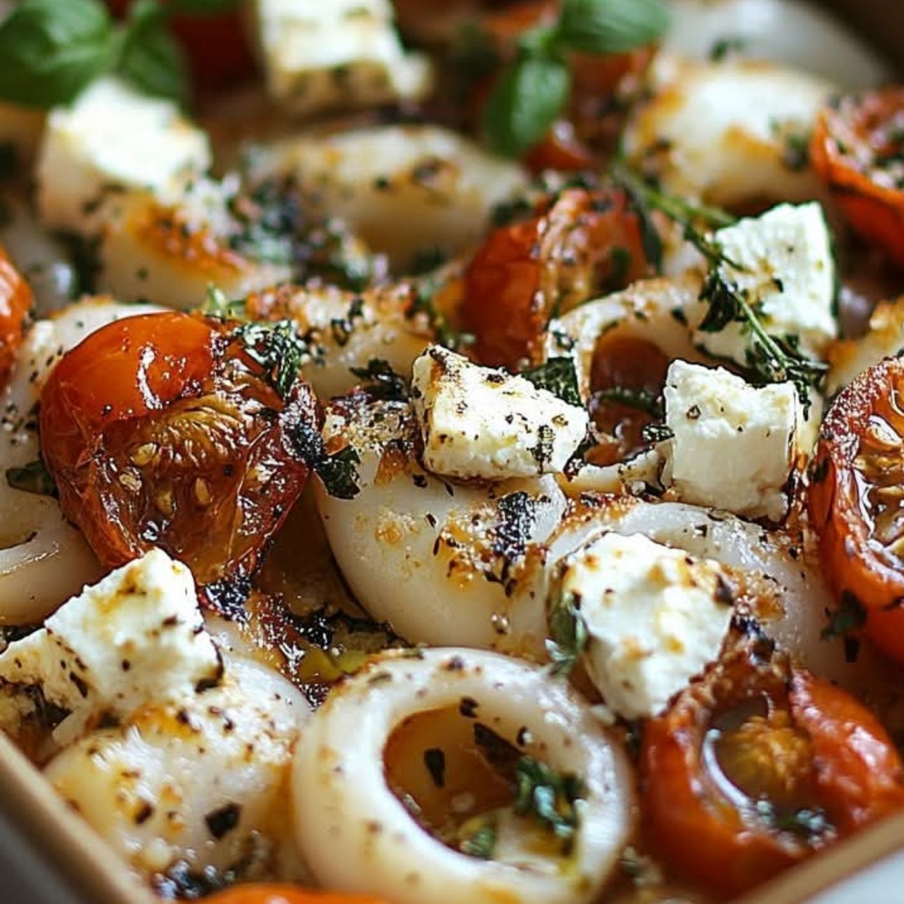 Anelli di calamari al forno con pomodorini e feta.