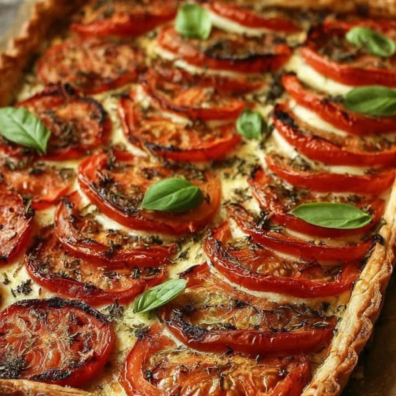 Torta salata con pomodori grigliati, burrata e basilico