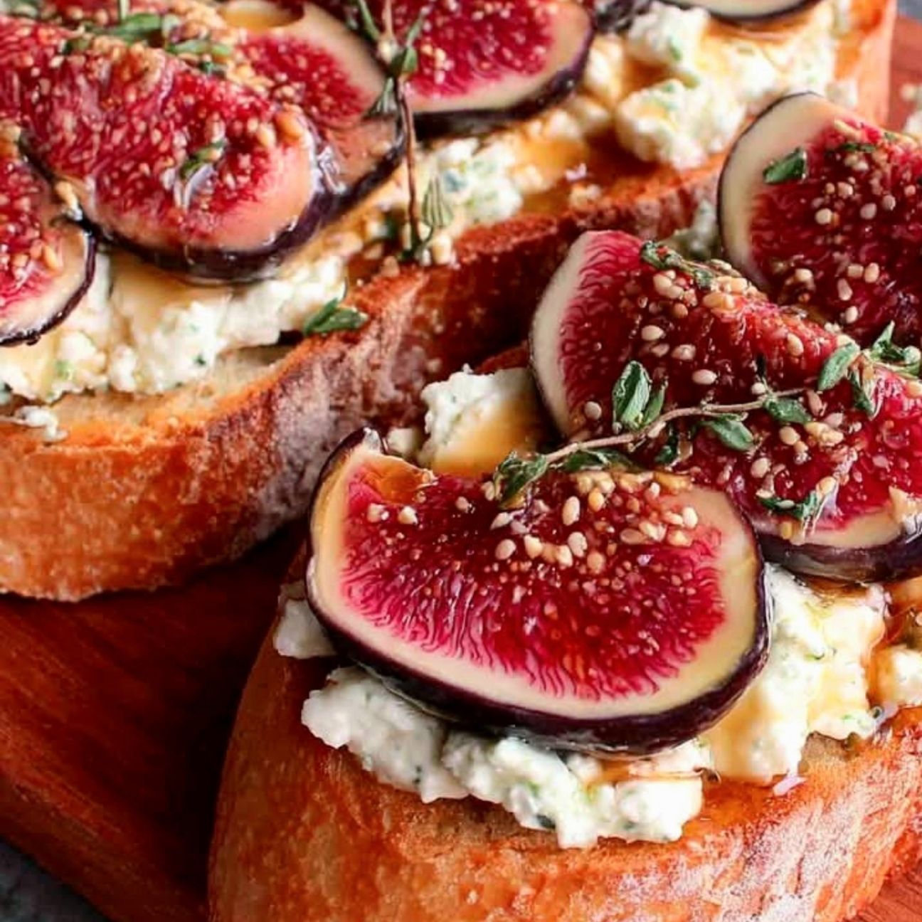Fetta di pane abbrustolito con fichi e formaggio alle erbette