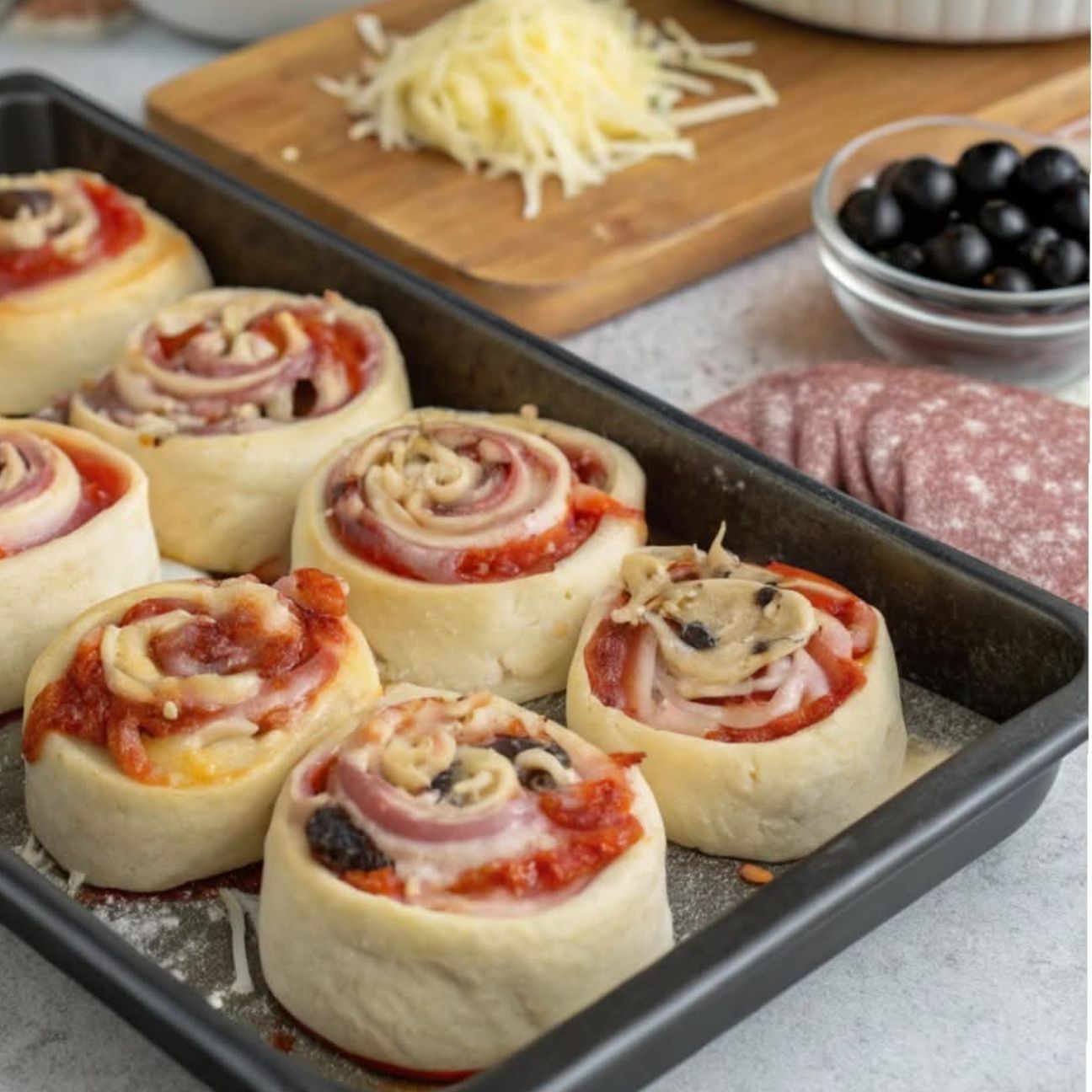 Girelle di pizza con salame, olive e formaggio
