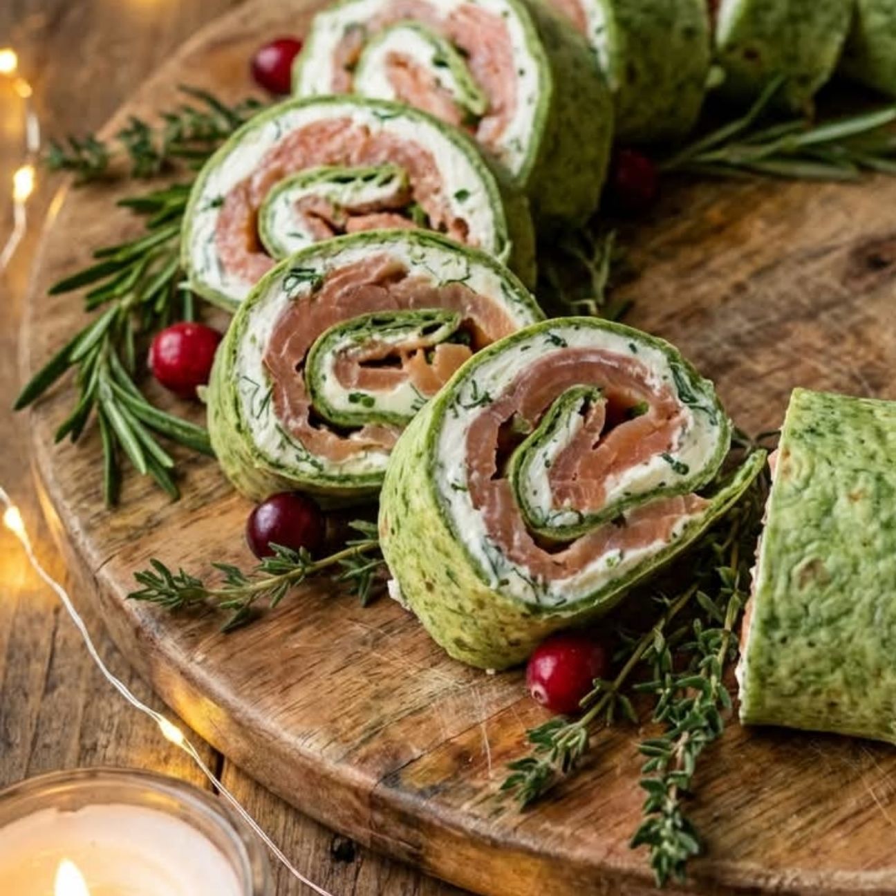 Ghirlanda Natalizia di Piadina Verde con Salmone Affumicato e Formaggio alle Erbette