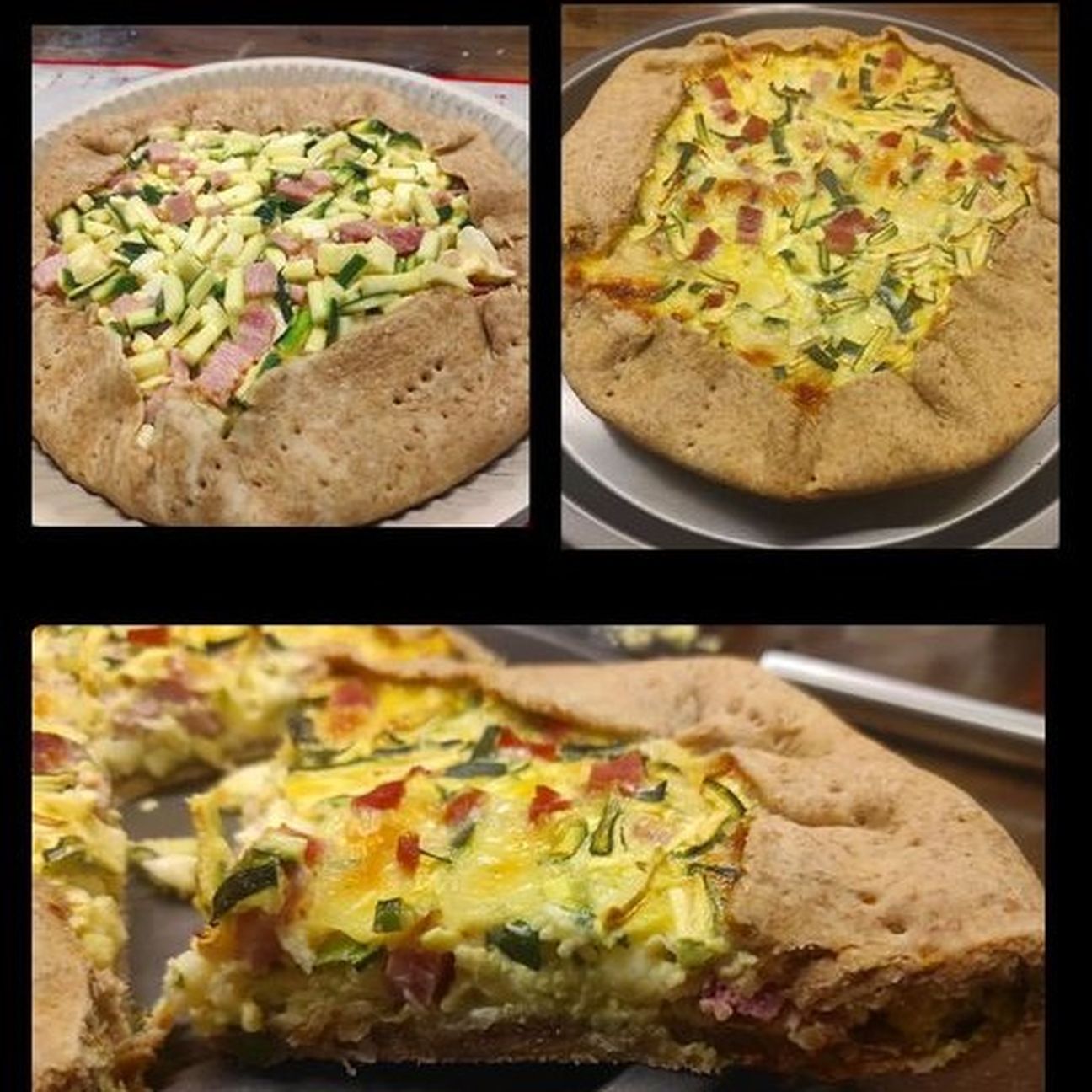 Torta salata senza lievito con farina integrale e ripiena di zucchine, prosciutto cotto, mozzarella e uova