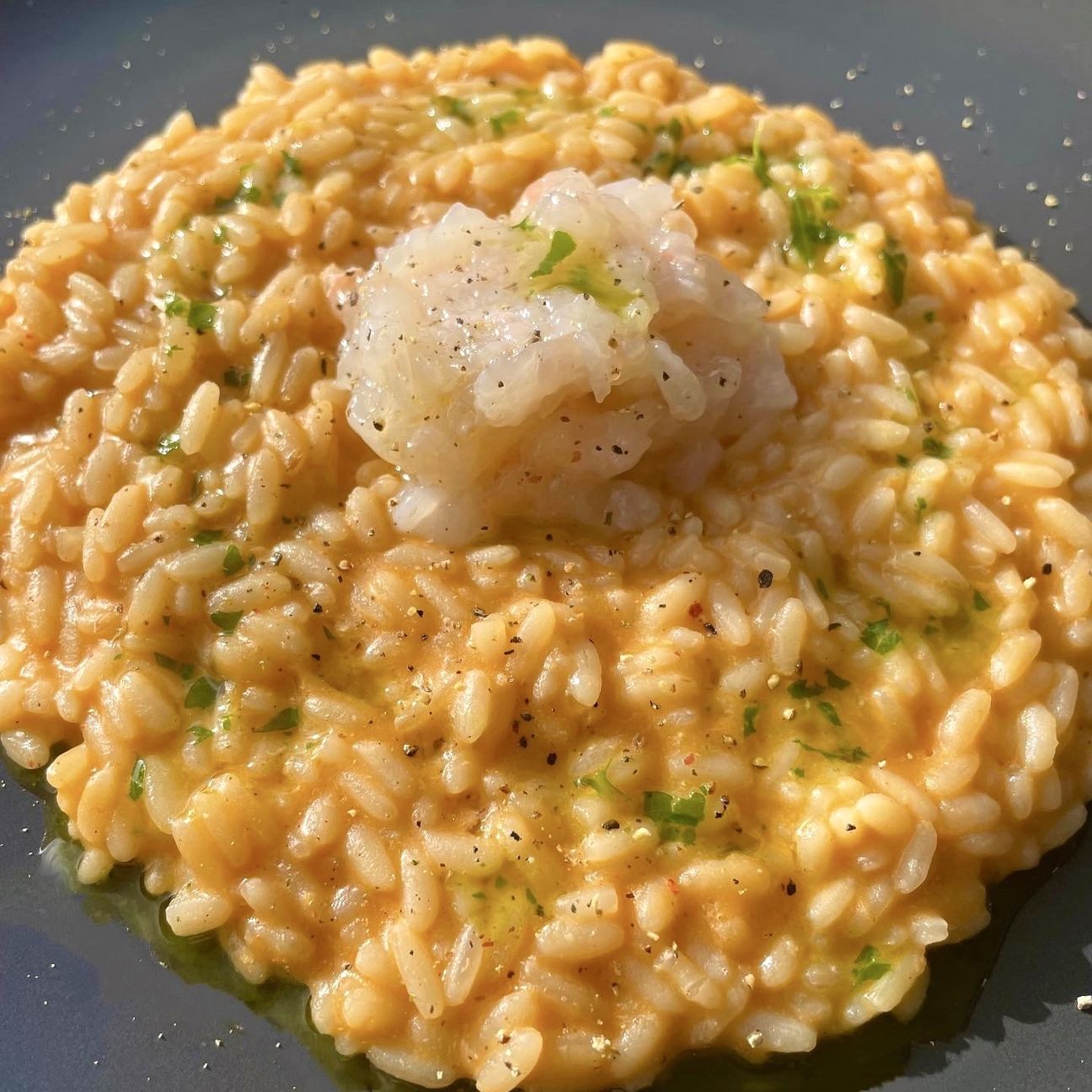 Risotto con bisque, tartare di scampi e olio al prezzemolo