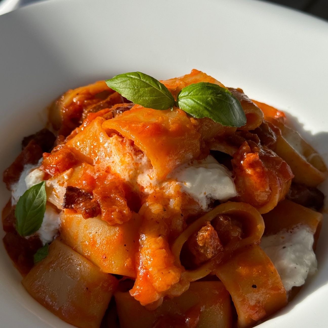 Calamarata con scampi, guanciale e stracciatella