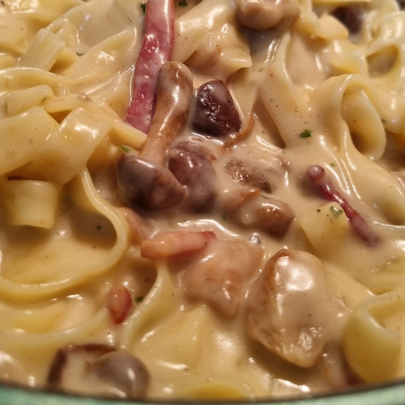 Tagliatelle con funghi porcini, speck e besciamella