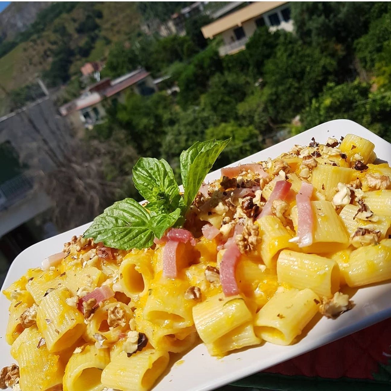 Mezze Maniche con Zucca, Speck e Provola