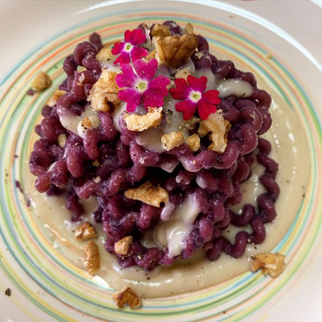 Fusilli lunghi con crema di cavolo viola, besciamella all’avena e polvere di noci!