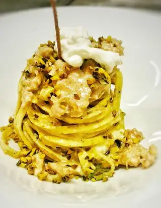 Ricetta Tagliolini, burrata, salsiccia di Norcia, pistacchio di Bronte tostato. di chef_vincenzo_campanale