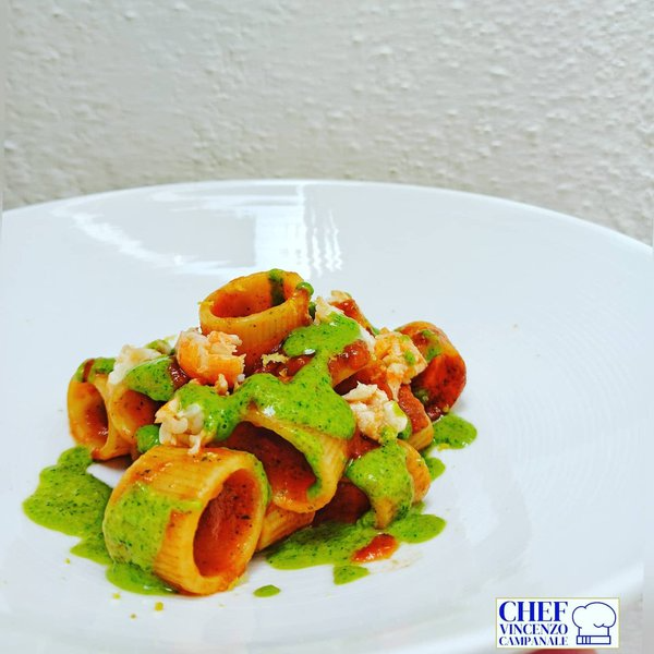 Calamarata con scampi emulsione al basilico limone
