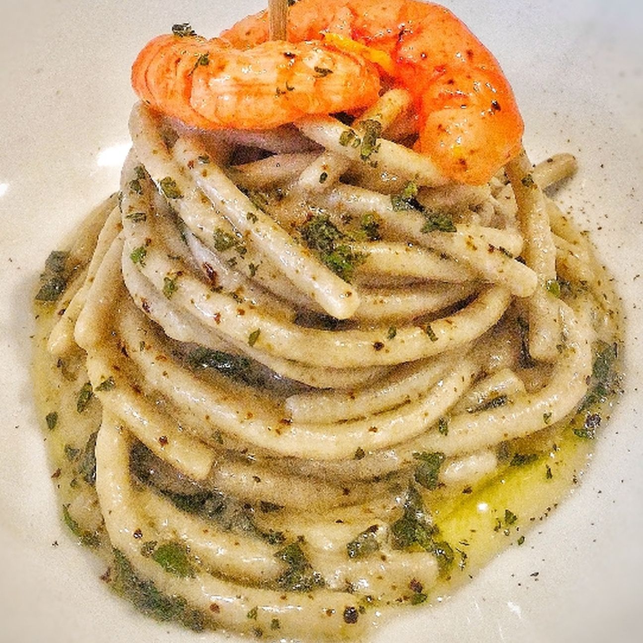 Spaghettone burro salvia e gambero Rosso