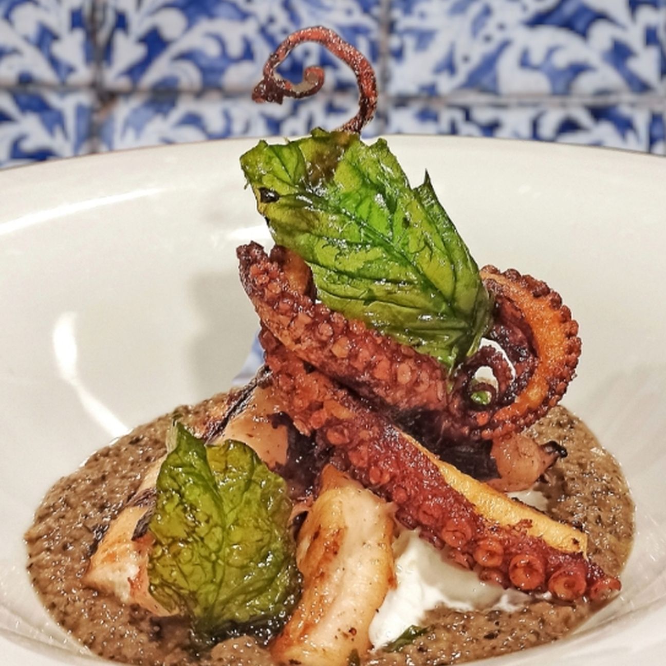 Polpo croccante su stracciatella crema di ceci neri