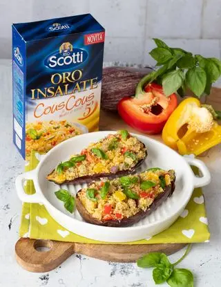 Ricetta Barchette di melanzane con Oro insalate cous cous di Riso Scotti, melanzane, peperoni e basilico di valentinaprevidi