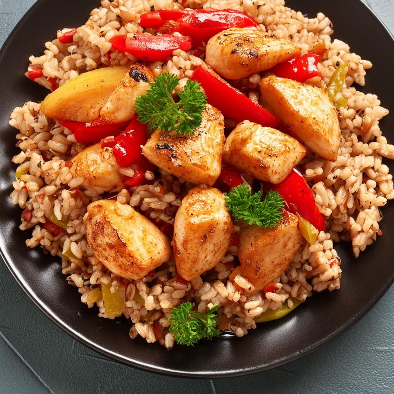 Riso integrale con pollo, peperoni e verdure