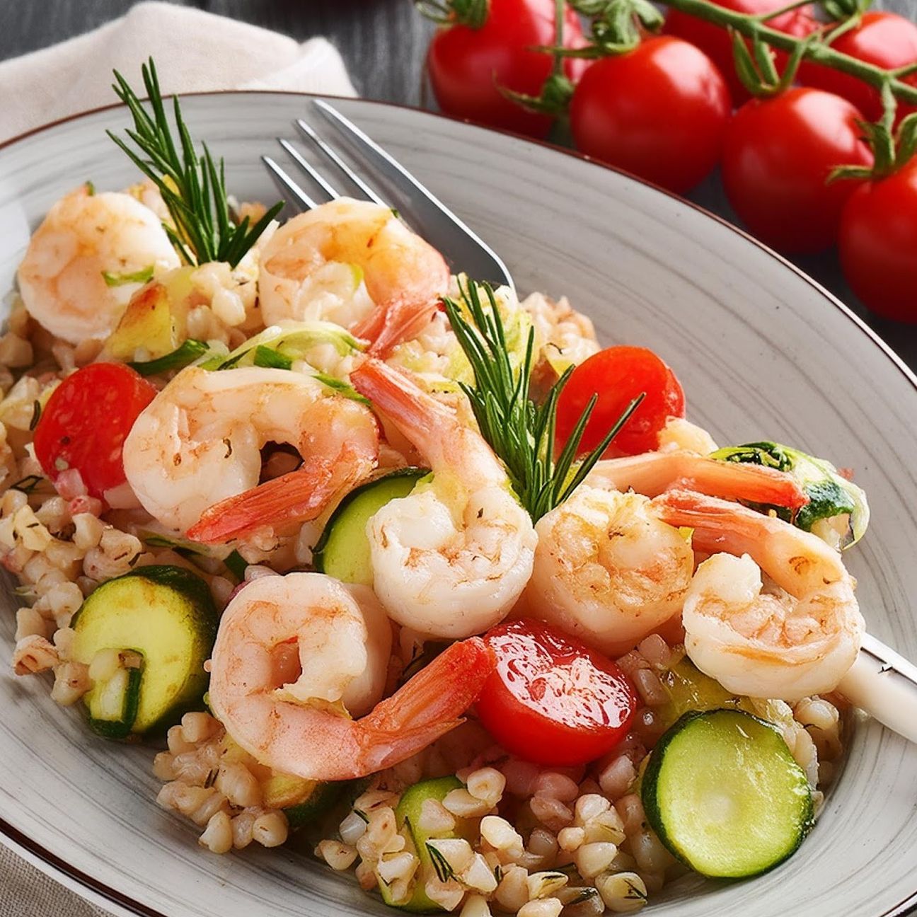 Orzo con gamberetti, zucchine e pomodorini