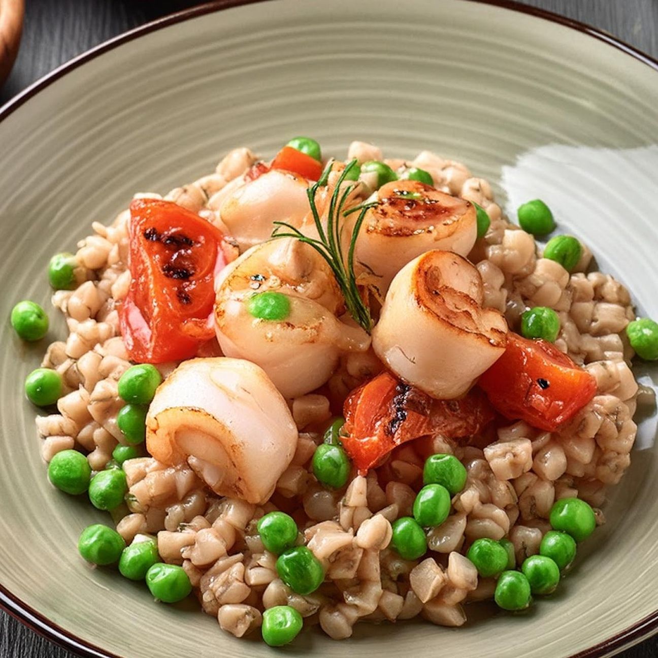 Orzo con seppie, piselli e pomodorini