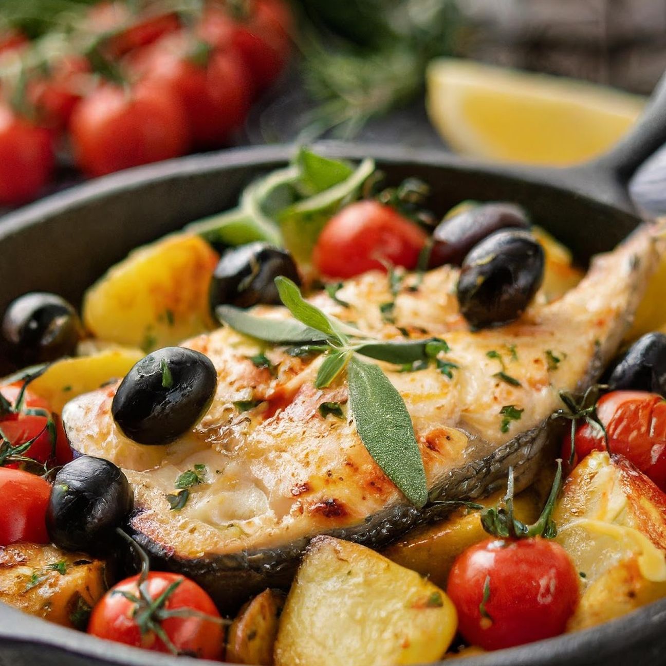 Pesce spada con olive nere, patate e pomodorini