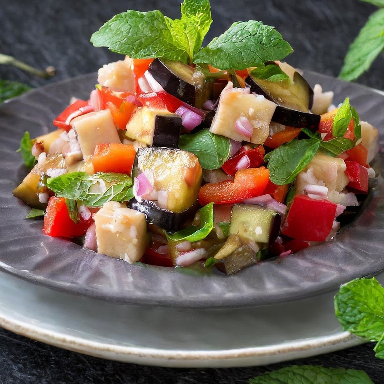 Insalata di pesce spada con melanzane e peperoni