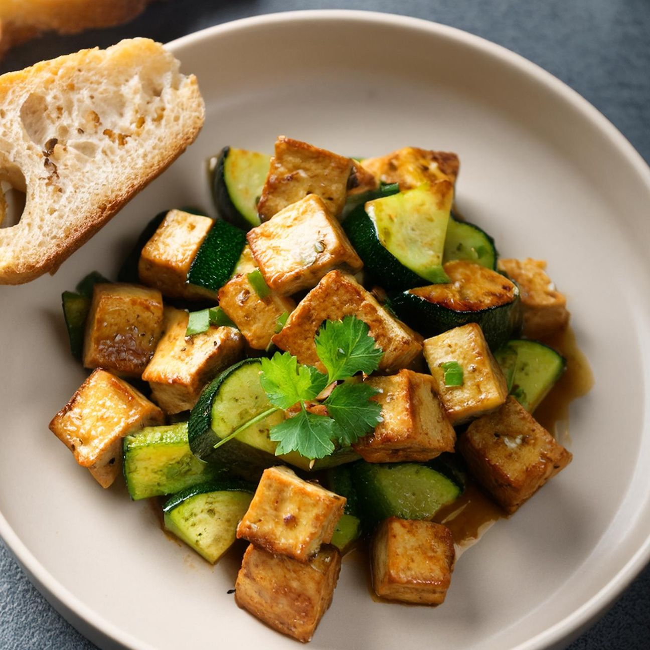 Tofu saltato con zucchine e pane croccante