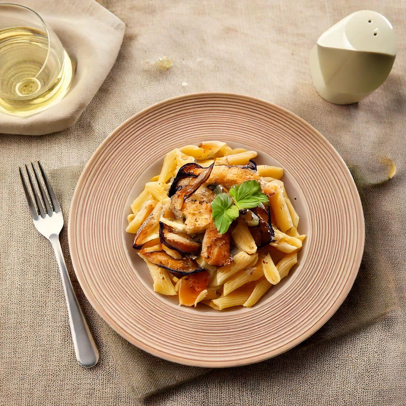 Pasta con pollo e melanzane