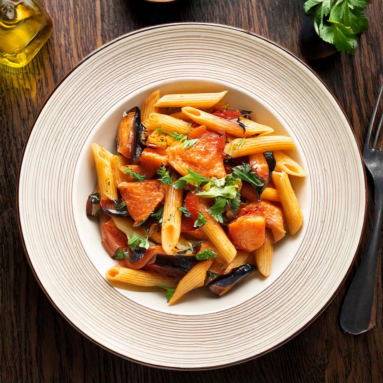 Pasta con salmone e melanzane