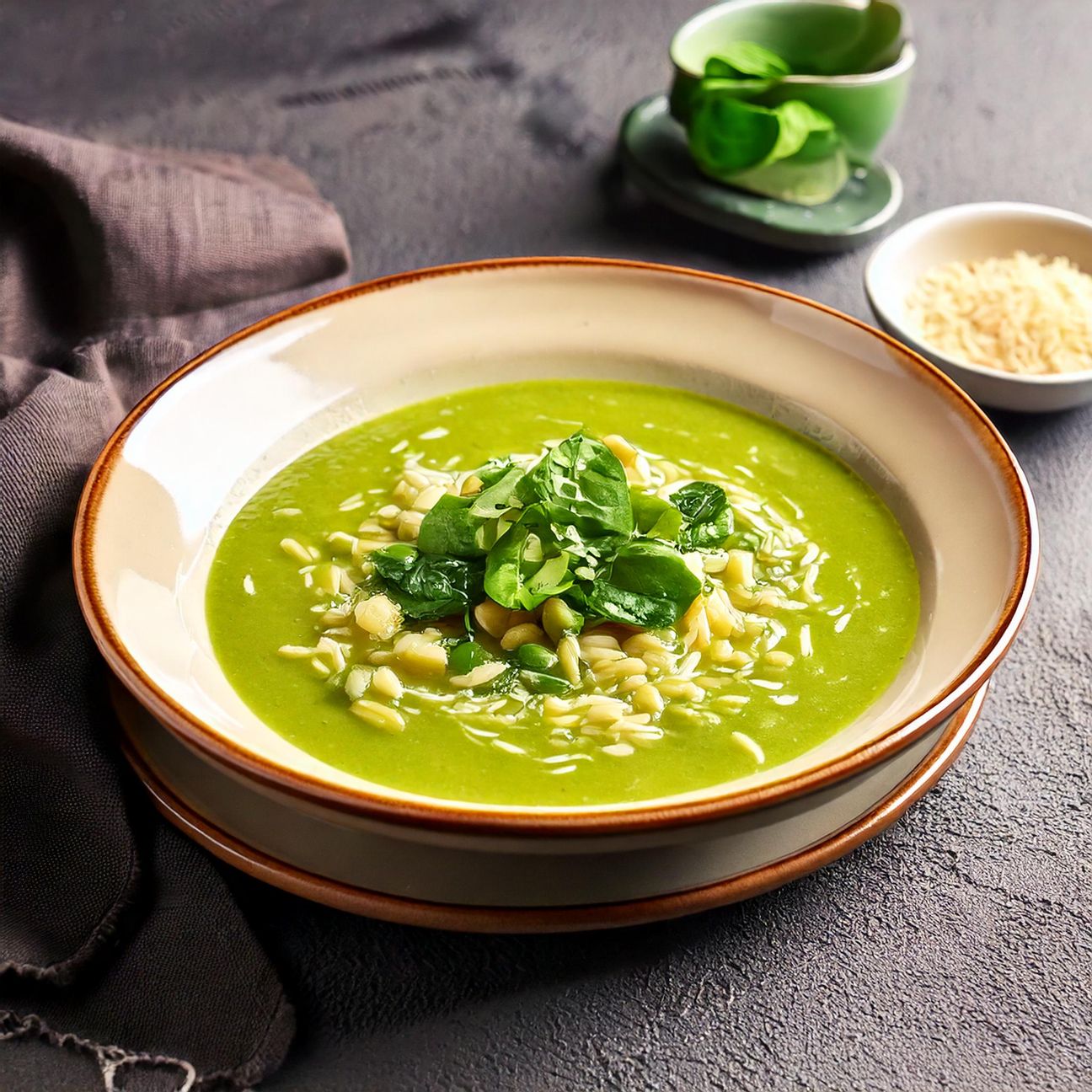 Minestra di piselli e spinaci con pastina