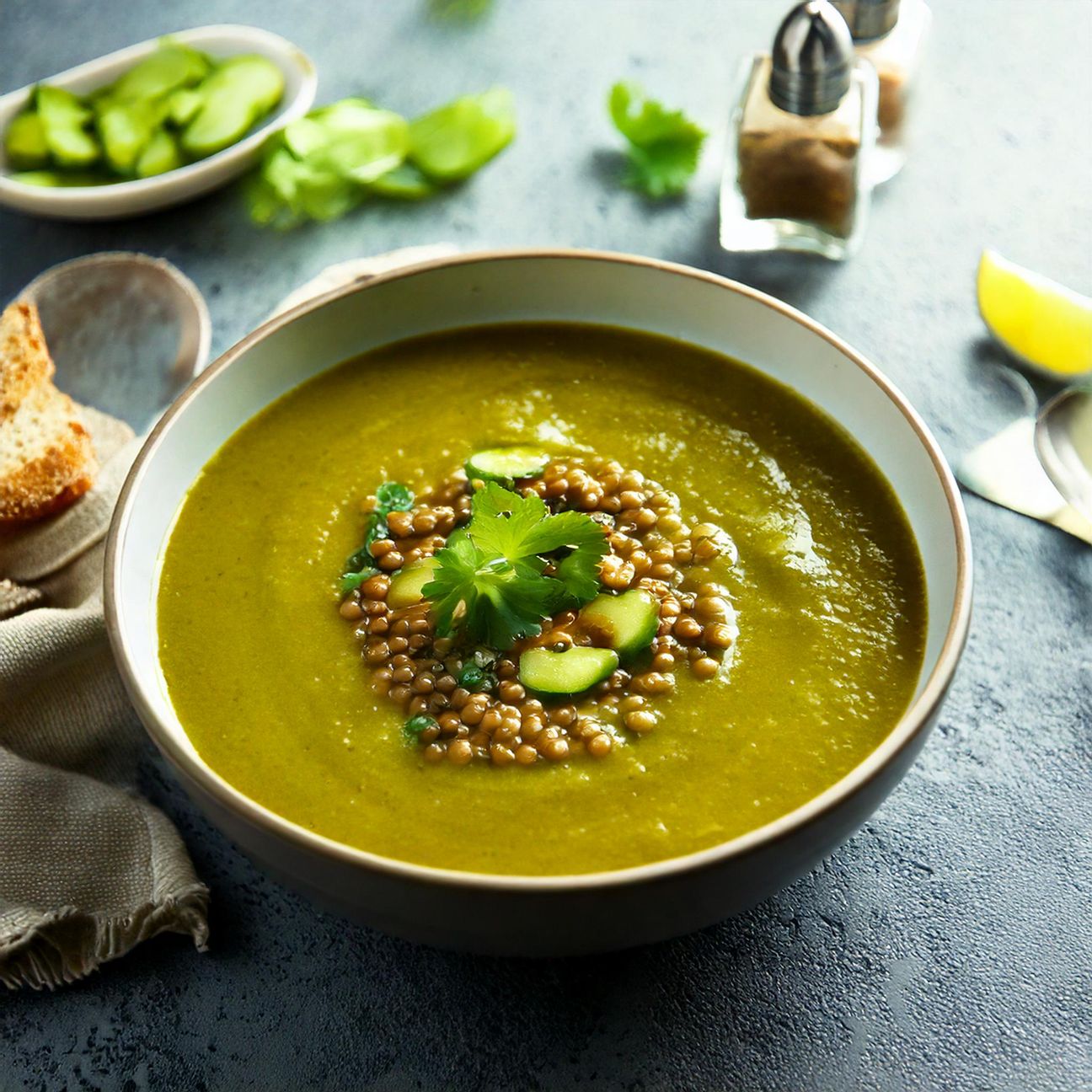 Vellutata di lenticchie e zucchine con crostini di pane