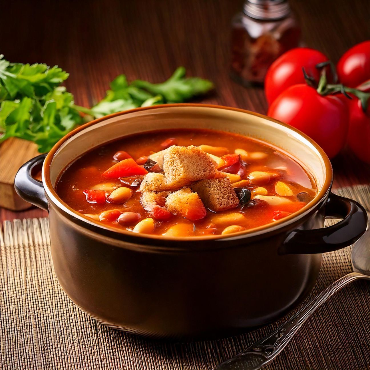 Zuppa di fagioli e pomodori con crostini