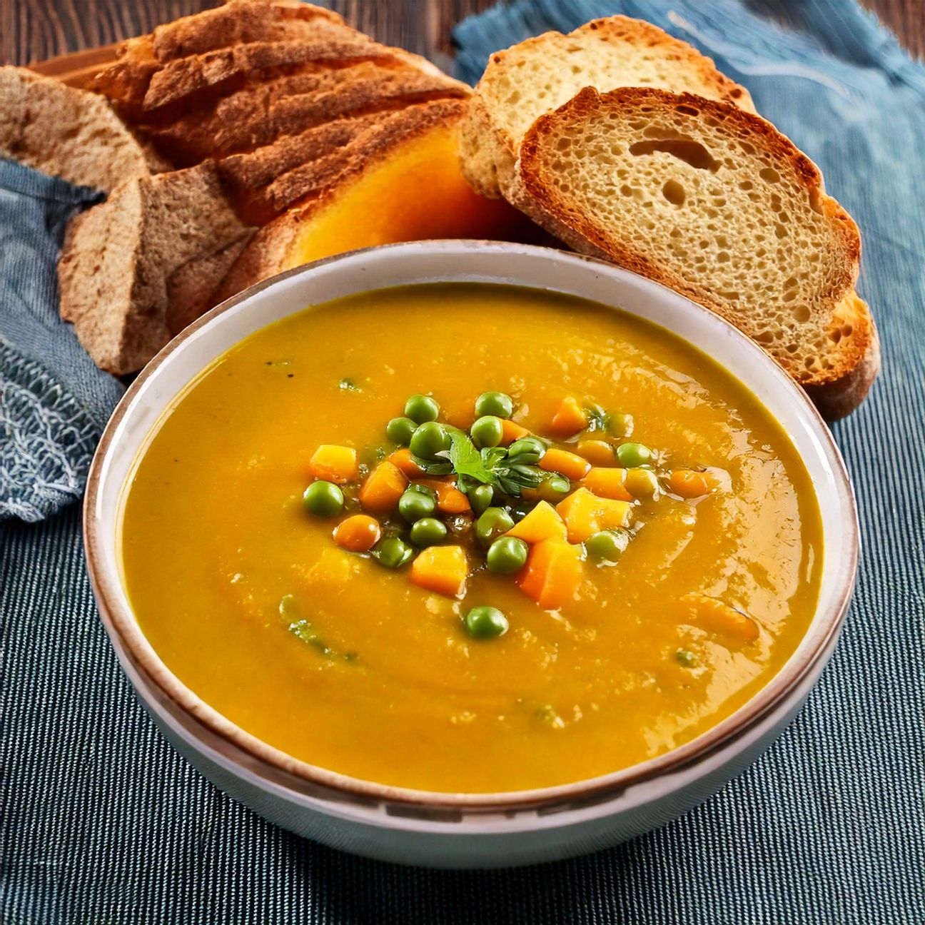 Vellutata di piselli e zucca con pane croccante