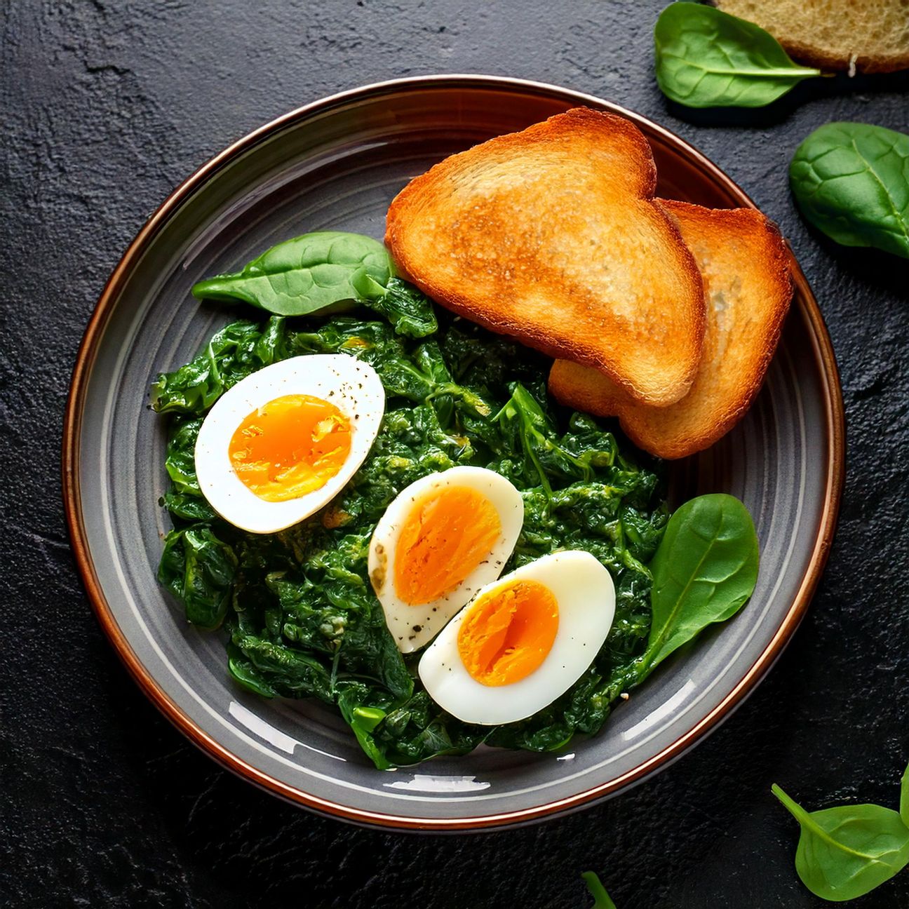 Uova sode con spinaci e pane tostato