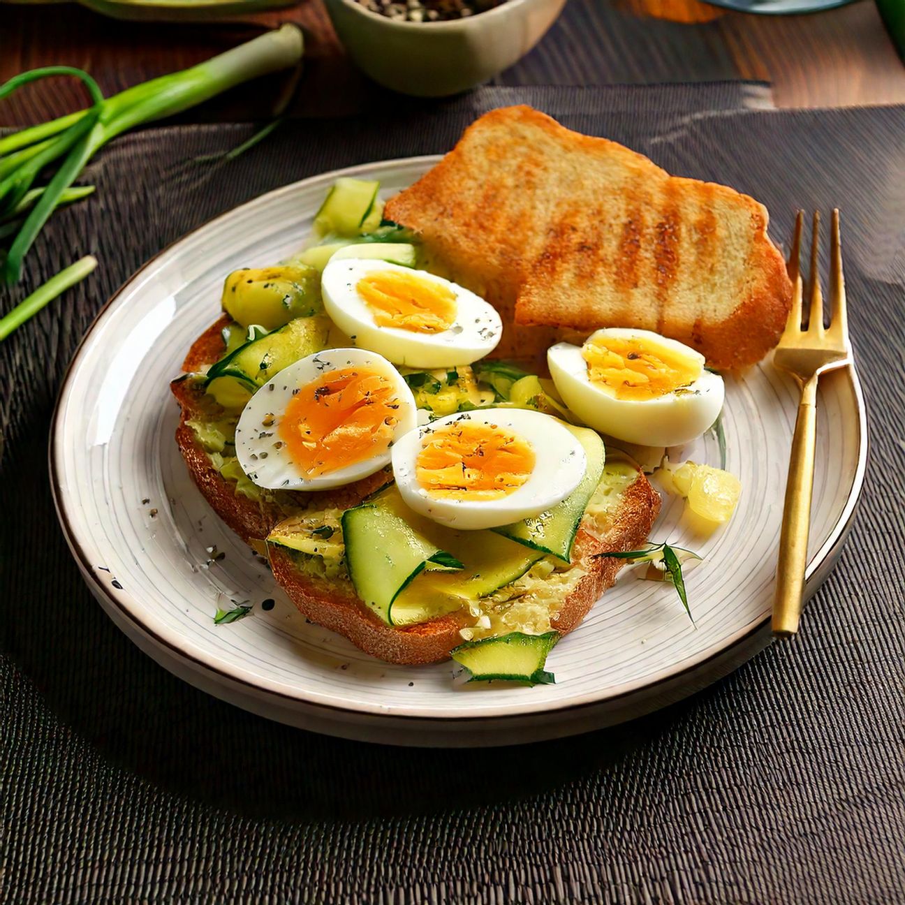 Uova sode con zucchine e pane tostato
