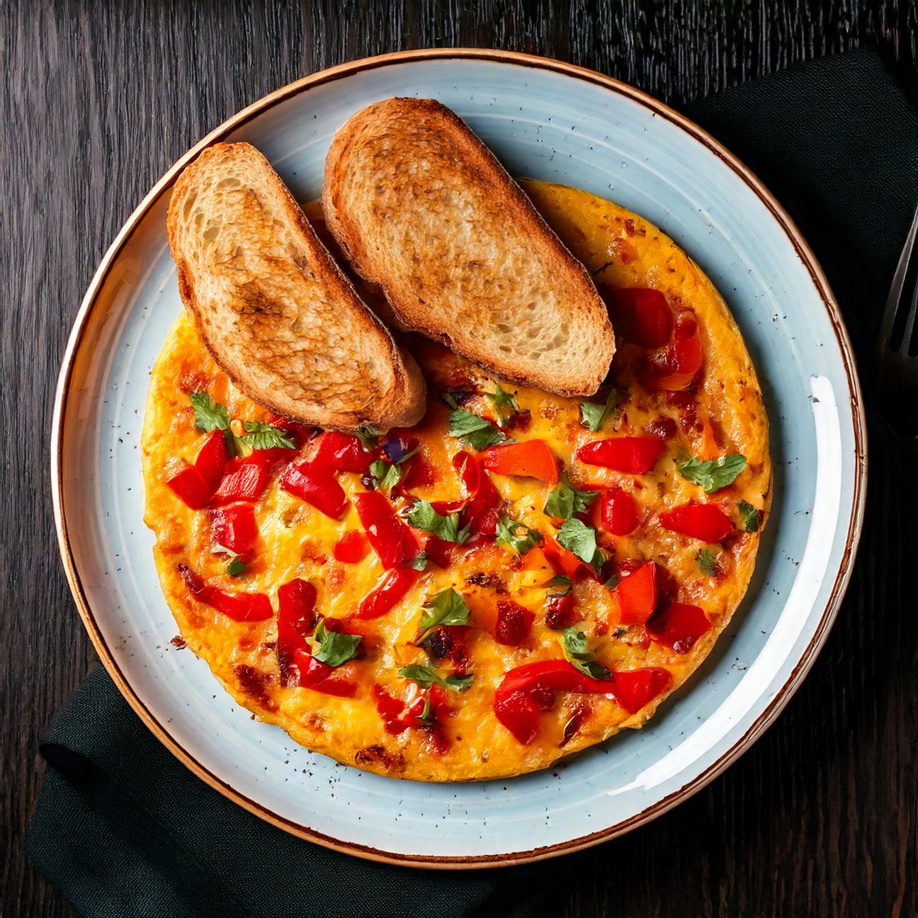 Frittata con peperoni e cipolla e pane tostato