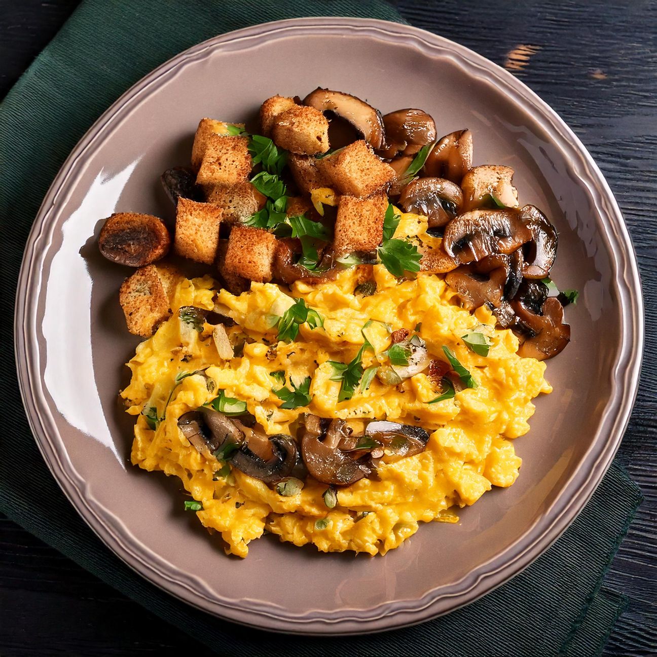 Uova strapazzate con funghi misti e crostini