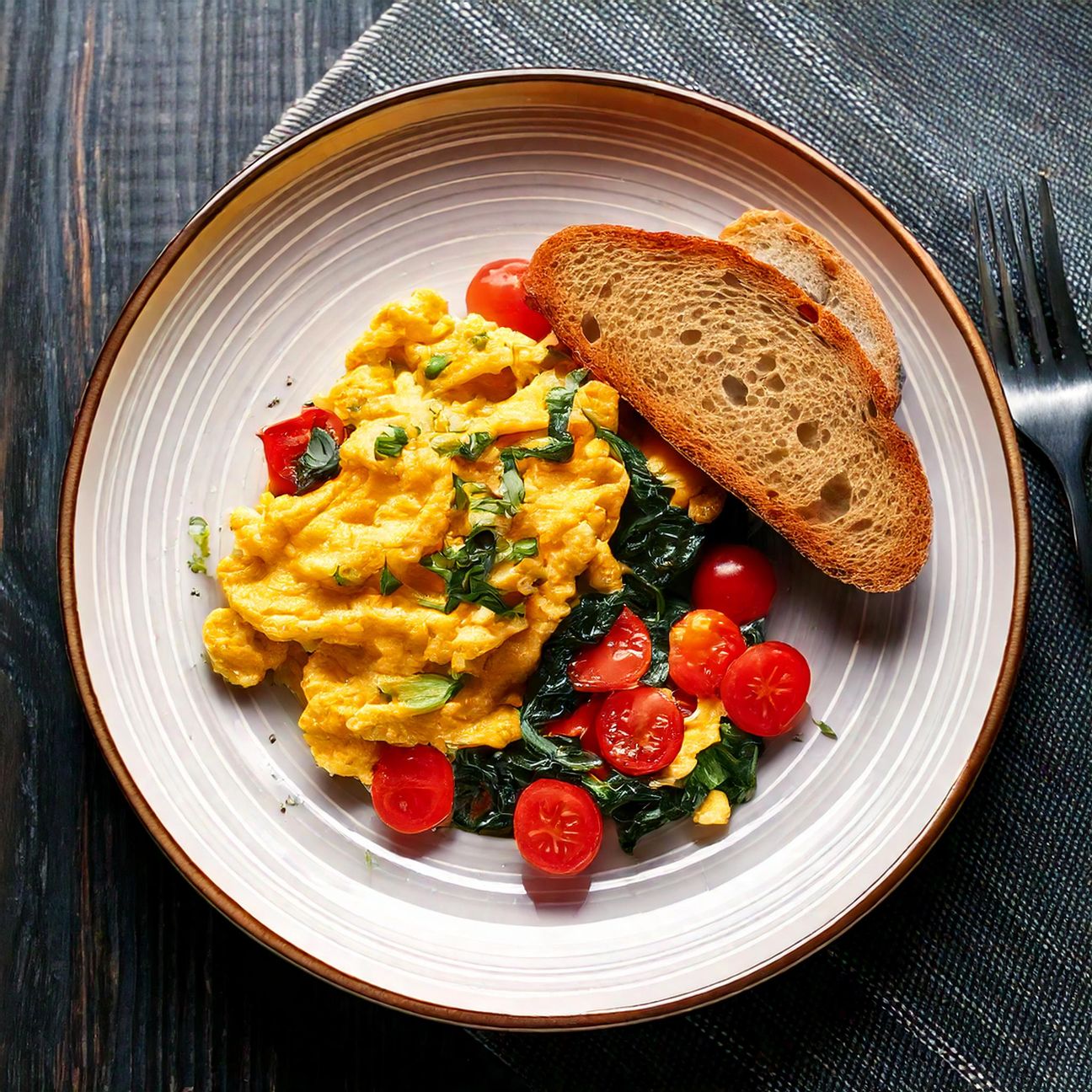 Uova strapazzate con spinaci e pomodorini e pane croccante