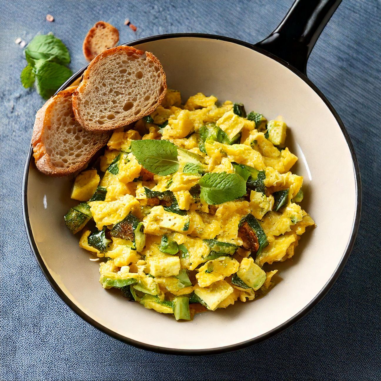 Uova strapazzate con zucchine e menta e pane croccante