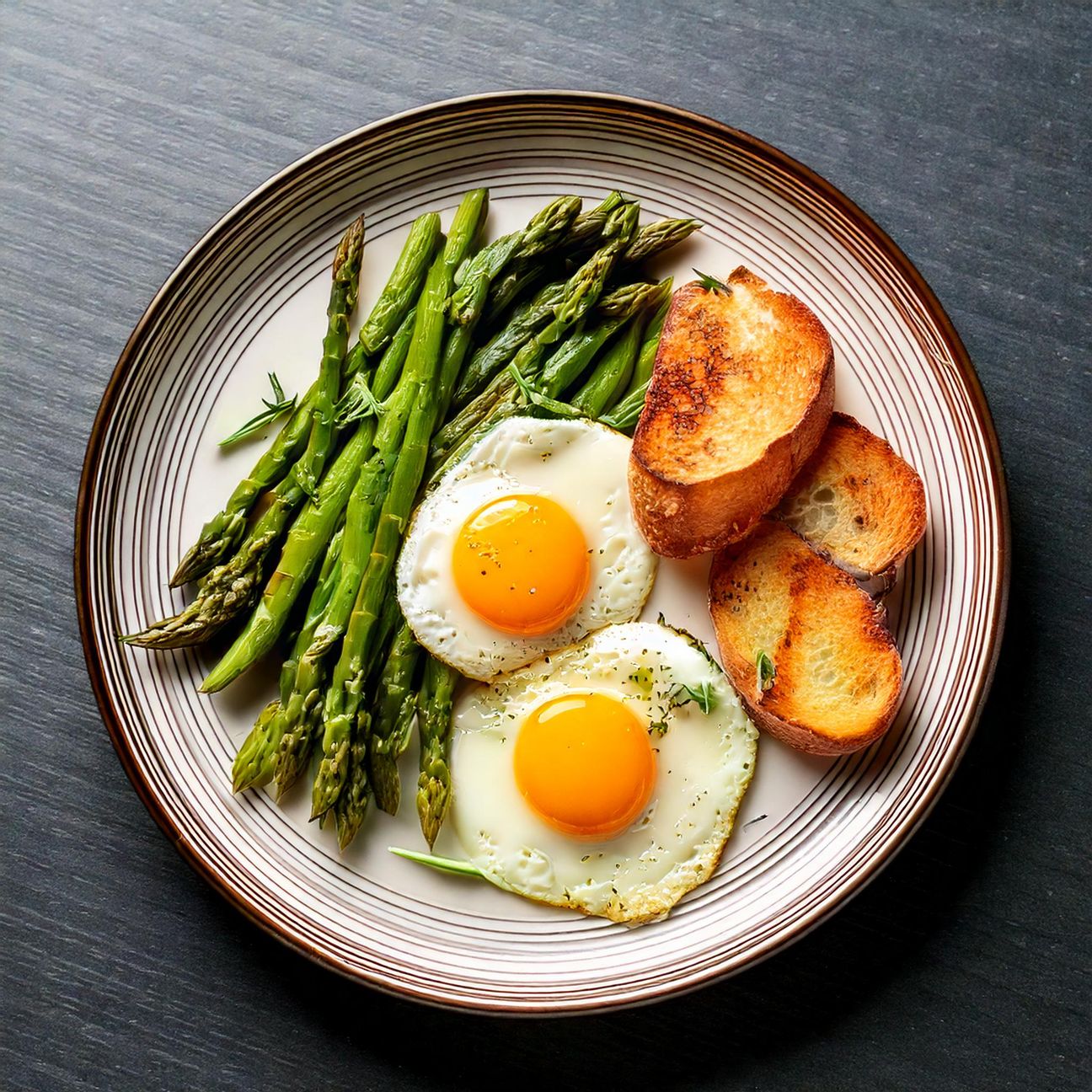 Uova occhio di bue con asparagi grigliati e pane croccante