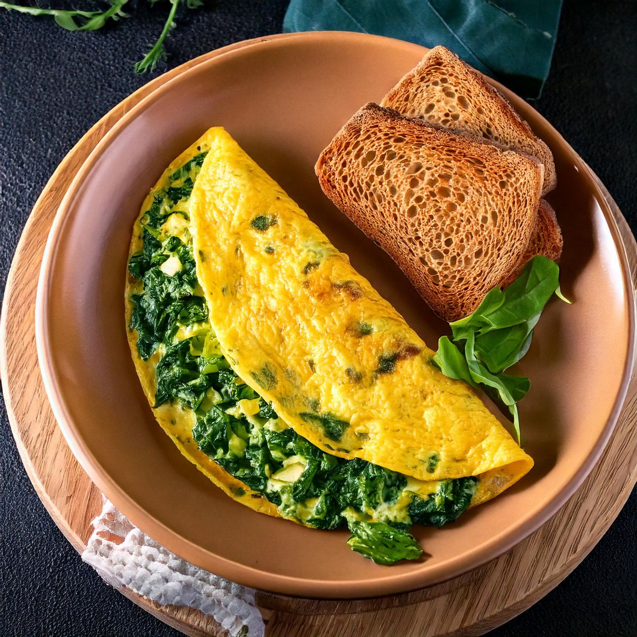 Omelette con spinaci e pane croccante