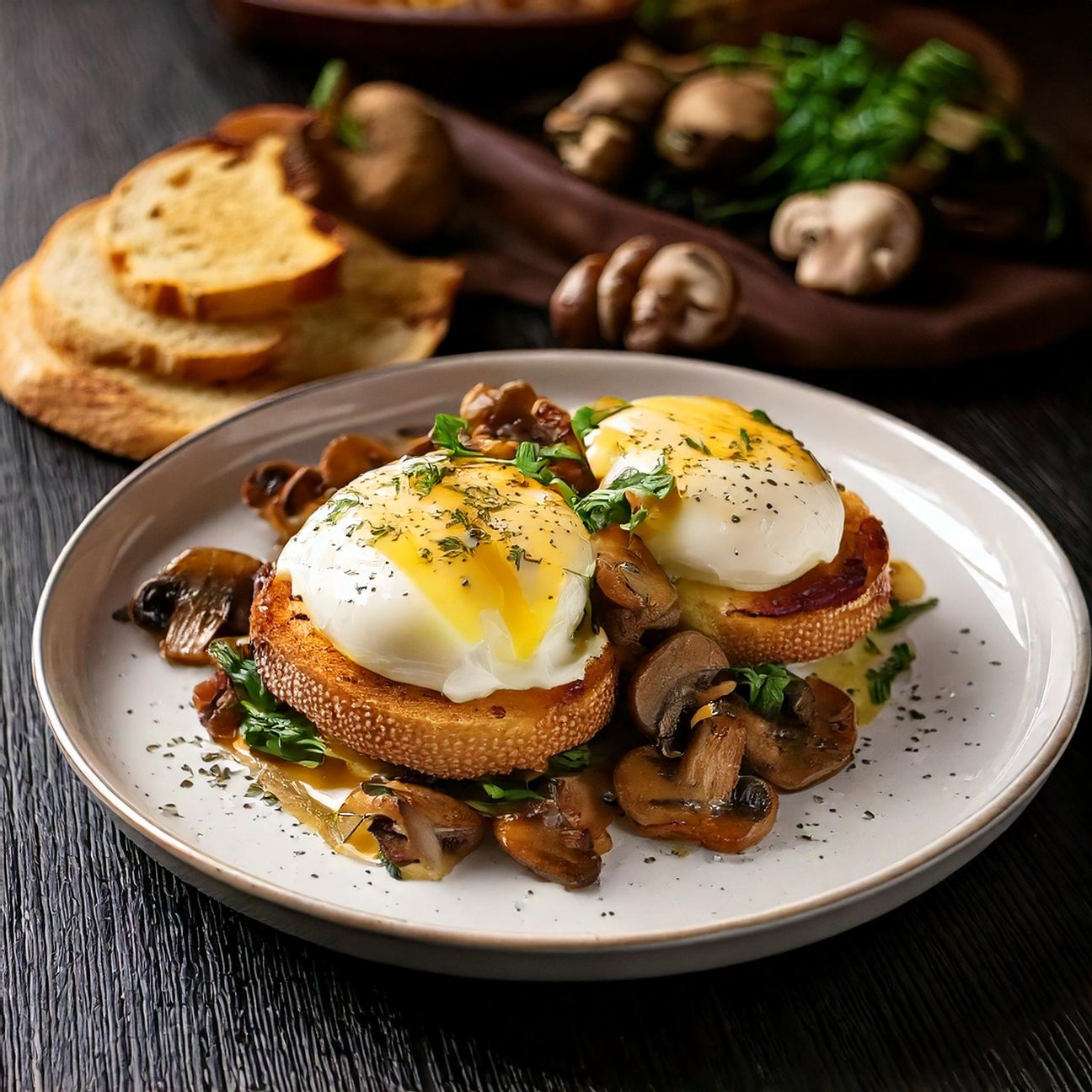 Uova alla benedettina con funghi saltati e pane croccante