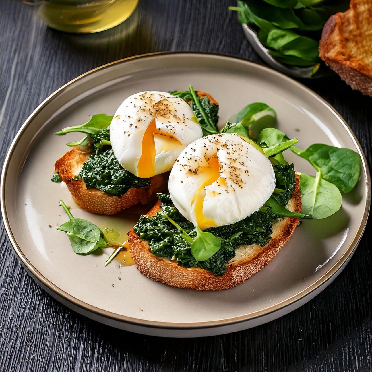 Bruschetta con uova in camicia e spinaci saltati con pane tostato