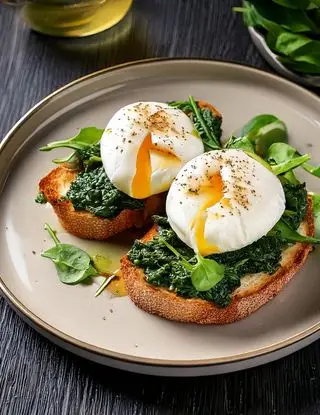 Ricetta Bruschetta con uova in camicia e spinaci saltati con pane tostato di heltamain