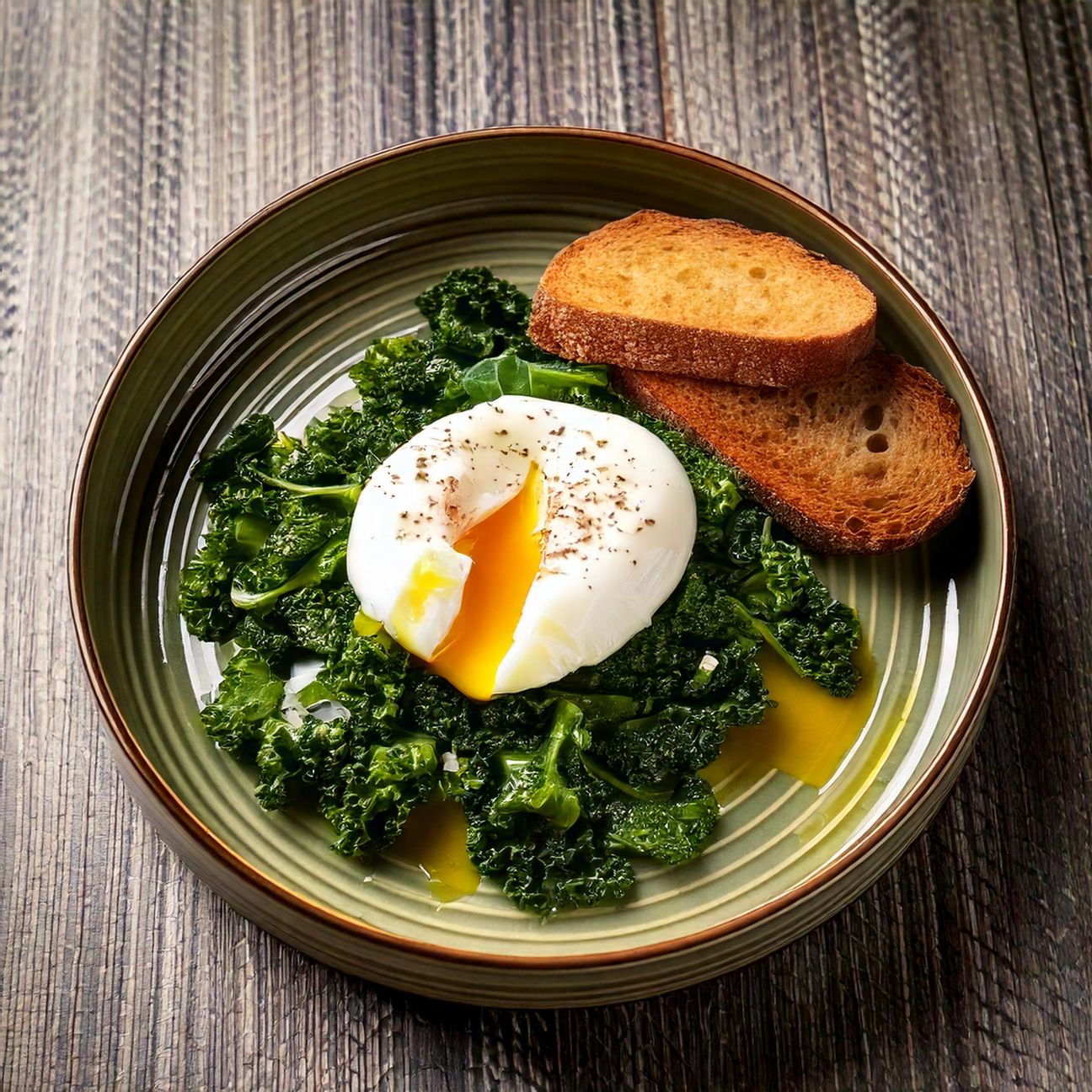 Uova in camicia con cavolo nero e pane croccante
