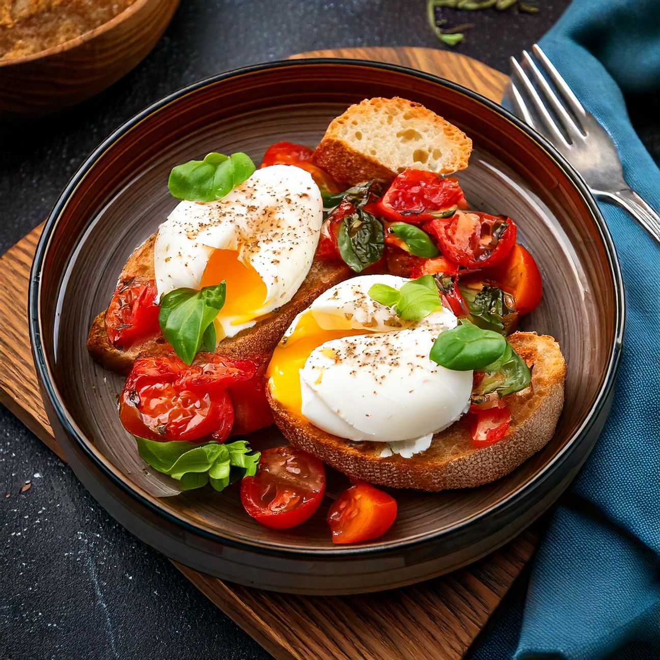 Uova in camicia con pomodori arrosto e basilico e pane croccante