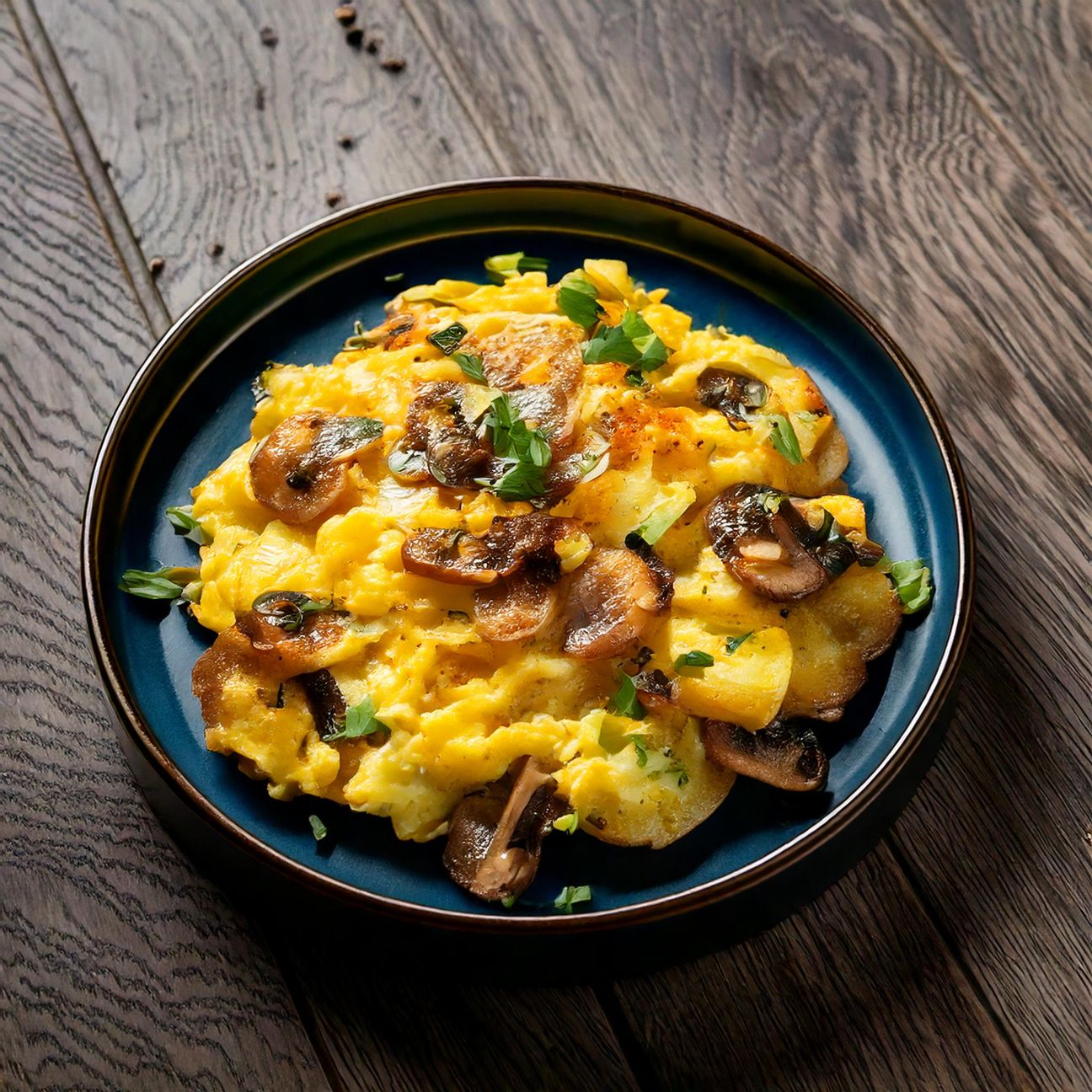Uova strapazzate con patate e funghi