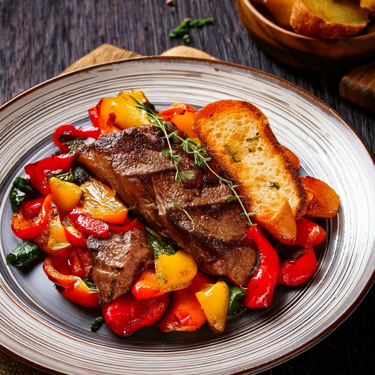 Filetto di manzo con peperoni arrosto e pane croccante