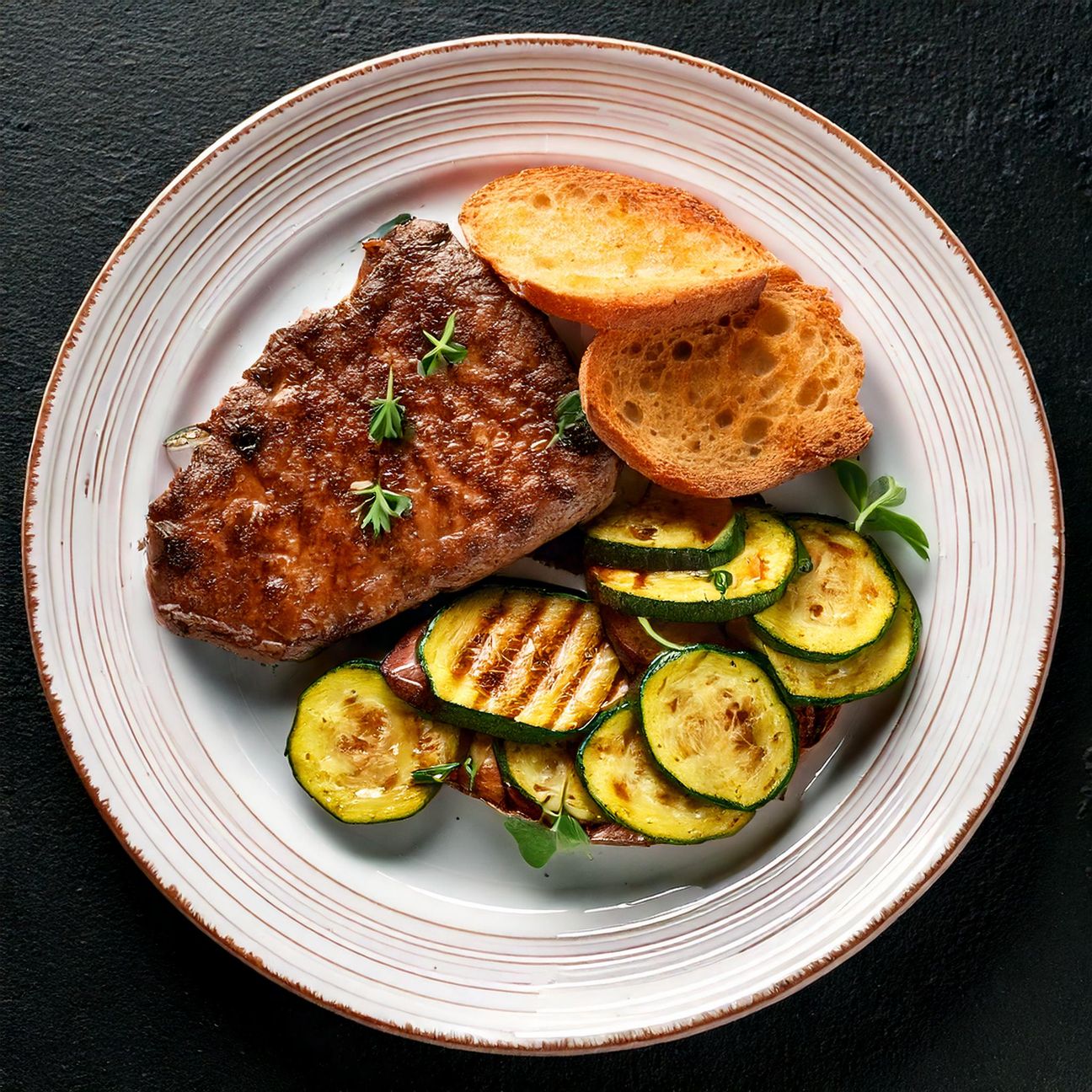 Filetto di vitello con zucchine grigliate e pane croccante
